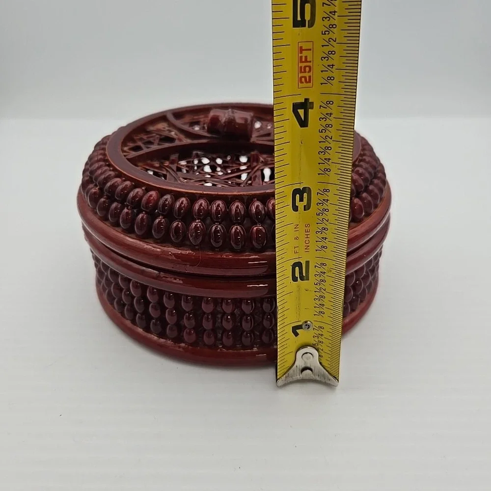 Vintage Red Tone Lacquered Bamboo Tea Basket Trinket‎ Box